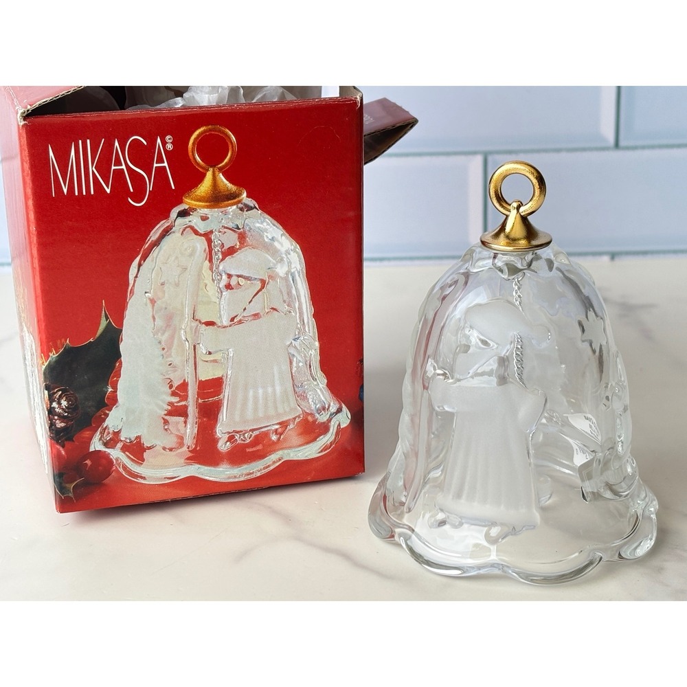 Mikasa Crystal Santa Claus Christmas Tree Frosted Glass Bell Gold Ring Finial 4"